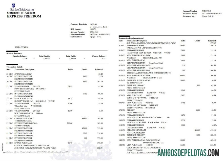 Extrato de conta bancária do Australia Bank Of Melbourne, amostra de 6 páginas